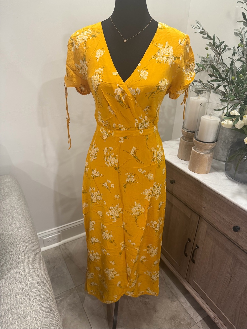 Madewell Yellow Midi Wrap Dress with White Floral Print
